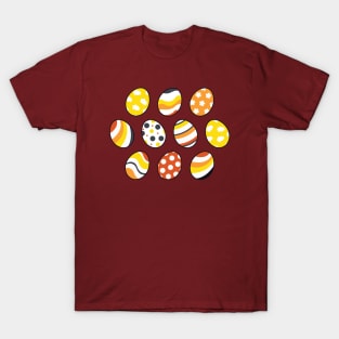 Egg Pattern | Yellow Orange Gray | Stripes Clouds Flowers Dots | Maroon T-Shirt